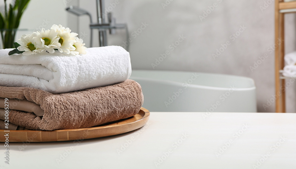 Wooden tray with stacked bath towels and beautiful flowers on white table in bathroom. Space for text Wooden tray with stacked bath towels and beautiful flowers on white table in bathroom. Space for text