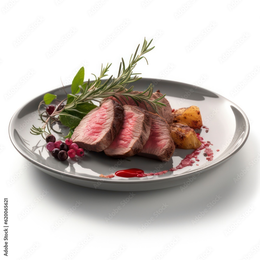 a plate of beef on white background for food photography generative ai a plate of beef on white background for food photography generative ai