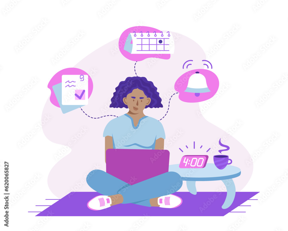 American lady sitting on floor, working on laptop. Time management. Cartoon character planning project tasks. Schedule organization concept. Vector illustration in purple and pink colors American lady sitting on floor, working on laptop. Time management. Cartoon character planning project tasks. Schedule organization concept. Vector illustration in purple and pink colors
