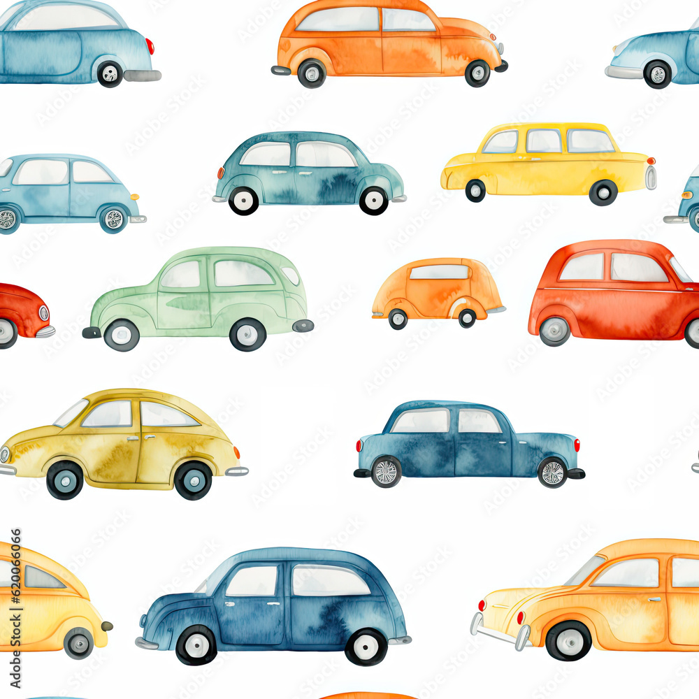 Grafisches nahtloses Muster mit farbigen kindlichen Autos im Wasserfarben, Aquarell Stil, KI generiert