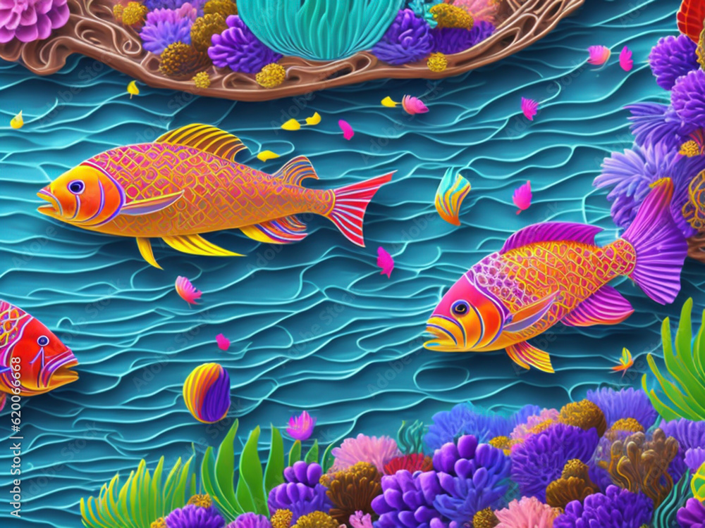 Naklejka premium Painting depicts three vibrant and colorful fish swimming gracefully among a stunning backdrop of intricately detailed coral formations, creating a harmonious and visually captivating composition.
