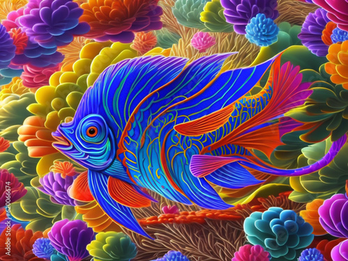 Painting captures the exquisite beauty of blue patterned fish gracefully gliding through a mesmerizing underwater world adorned with stunning coral formations  creating a harmonious.