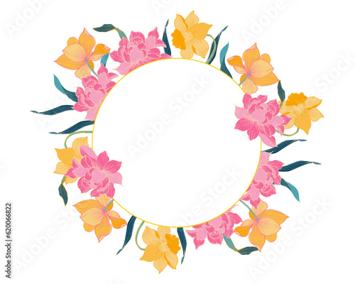 Hand Drawn Vintage Yellow Daffodil and Pink Peony Wreath