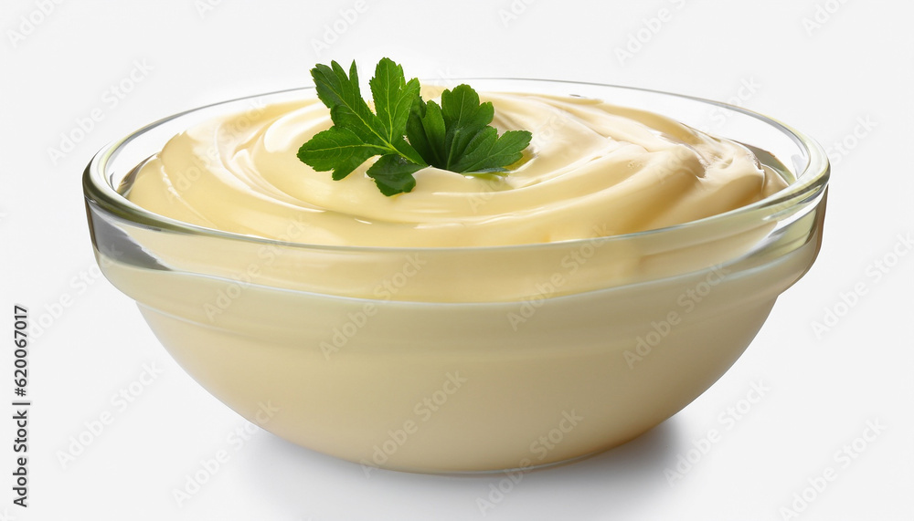 Bowl of tasty mayonnaise with parsley isolated on white Bowl of tasty mayonnaise with parsley isolated on white