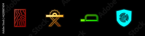 Set Wooden beam, Electric circular saw, Hacksaw and logs icon. Vector