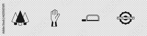 Set Christmas tree, Protective gloves, Hacksaw and Electric circular icon. Vector