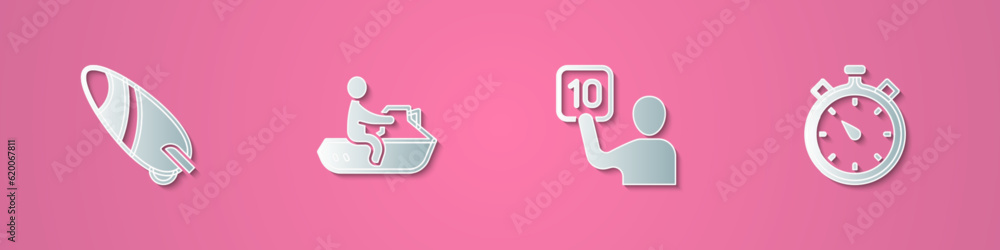 Set paper cut Surfboard, Jet ski, Assessment of judges and Stopwatch icon. Paper art style. Vector Set paper cut Surfboard, Jet ski, Assessment of judges and Stopwatch icon. Paper art style. Vector
