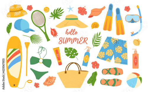 Big set female and male beach summer items. Swimsuit, hat, shoes, bag, cream spf, sup board, tennis racket, mask and fins. Flat hand drawn colorful vector illustration isolated on white background.