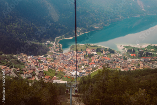 View of the town of Molveno with its lake from above, from the funicular railway