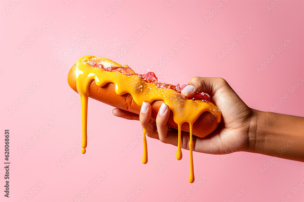 Φωτογραφία Generative AI illustration of hot dog with mustard and ketchup held by one hand on colorful background