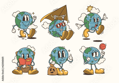 Set of Traditional Cartoon globe earth planet Illustration with a Vintage Touch © coz1421