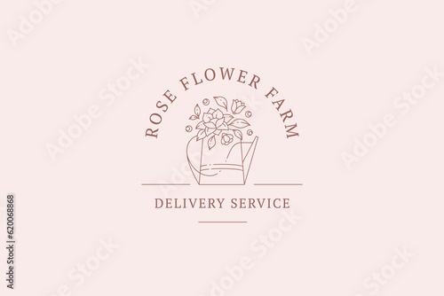 Romantic flowers blossom in watering can line logo design template floral delivery service vector
