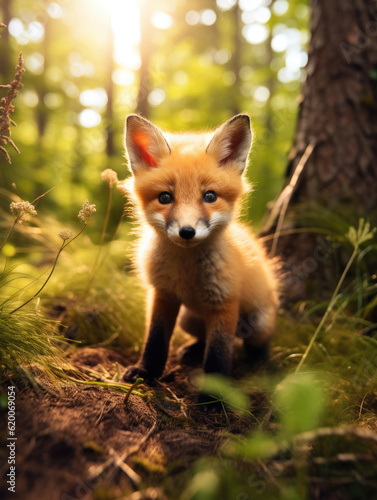 Cute baby fox in the summer forest