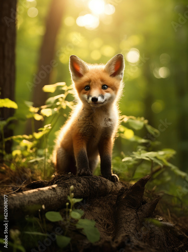 Cute baby fox in the summer forest