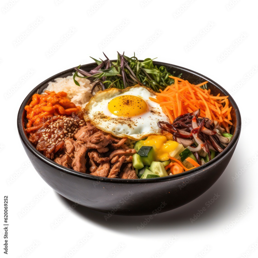 a plate of bibimbap on white background for food photography generative ai