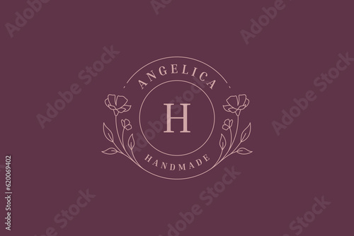 Flower organic plant minimal line logo design template for handmade natural cosmetic vector