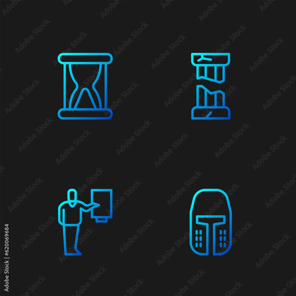Set line Medieval iron helmet, Museum guide, Old hourglass with sand and Broken ancient column. Gradient color icons. Vector Set line Medieval iron helmet, Museum guide, Old hourglass with sand and Broken ancient column. Gradient color icons. Vector