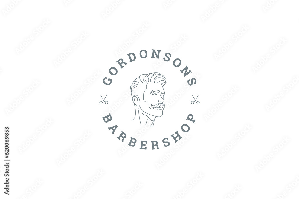 Barbershop minimal line logo design template gentleman hipster grooming service vector