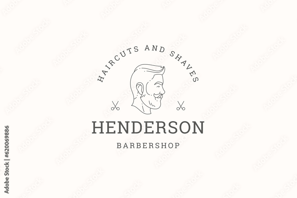 Brutal male barbershop beard mustache shaving beauty service line logo design template vector