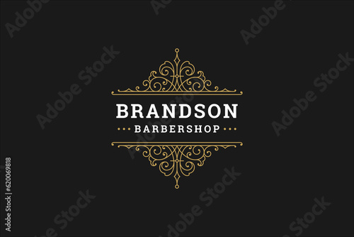 Antique curved vintage ornament luxury line logo design template for barbershop hairdresser vector