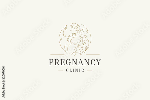 Pregnant woman tummy floral filigree curved golden minimal line logo design template vector