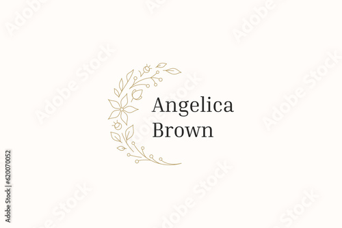 Floral golden wreath botanical blossom minimal line logo design template for garden center vector