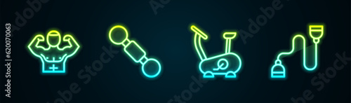 Set line Bodybuilder muscle, Dumbbell, Stationary bicycle and Chest expander. Glowing neon icon. Vector