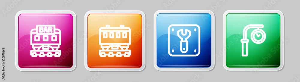 Set line Restaurant train, Passenger cars, Repair of railway and Train station clock. Colorful square button. Vector Set line Restaurant train, Passenger cars, Repair of railway and Train station clock. Colorful square button. Vector
