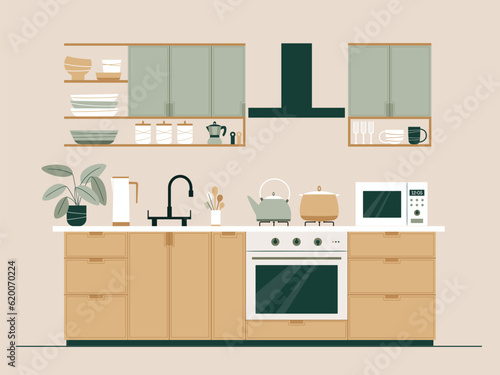 Kitchen interior with furniture and appliances in flat style. Modern interior design. Sustainable lifestyle