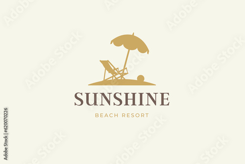 Beach umbrella chaise longue paradise resort travel vacation agency logo design template vector