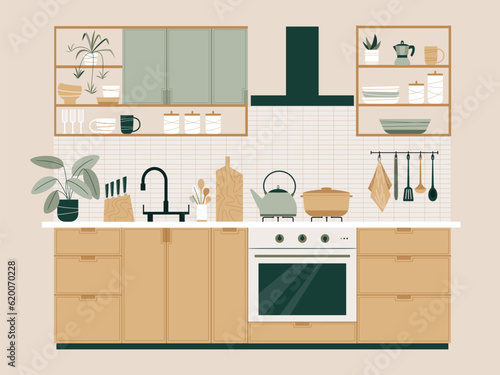 Kitchen interior with furniture and appliances in flat style. Modern interior design. Sustainable lifestyle