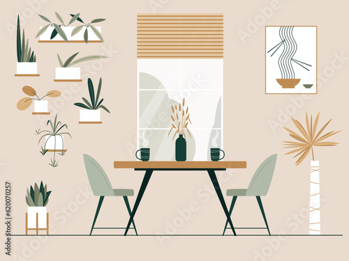 Dining Area in the kitchen or living room with table, chairs, window and plants. Vector illustration. Modern interior design. Sustainable lifestyle. Home Jungle