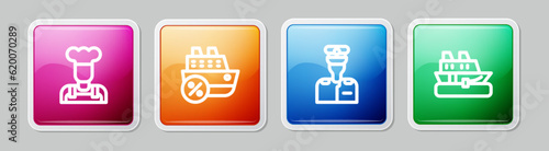 Set line Cook, Cruise ship, Captain of and . Colorful square button. Vector
