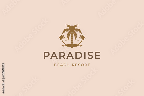 Paradise beach resort palm tree tropical island summer travel vacation logo design template vector