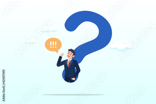 Determination businessman comes out from question mark sign to answer question, answer business question, determination or sill and decision to solve problem, FAQ frequently asked questions (Vector)