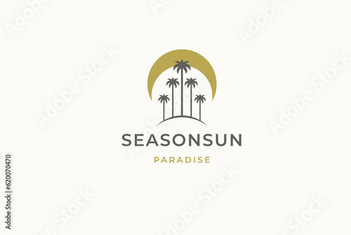 Palm tree paradise island silhouette summer travel vacation minimal logo design template vector