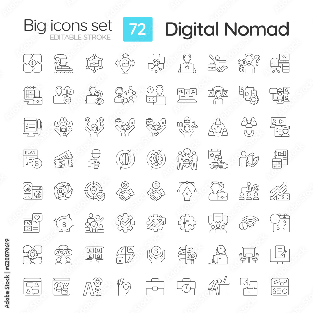 Digital nomad linear icons set. Working on computer. Remote work. Professional freelancer. Laptop lifestyle. Customizable thin line symbols. Isolated vector outline illustrations. Editable stroke