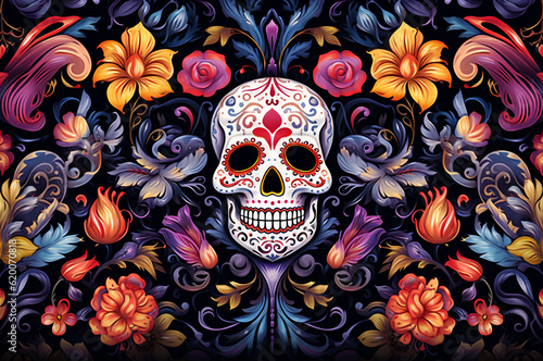 Day of the Dead background, remembering the departed. skull and flowers. Generative ai © upssallaaa