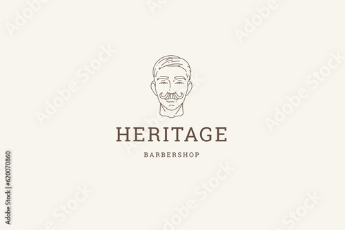 Stylish man portrait mustache fashion hairstyle barbershop minimal line logo design template vector