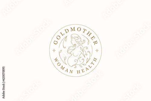 Romantic pregnant woman flourish filigree golden ornate minimal line logo design template vector
