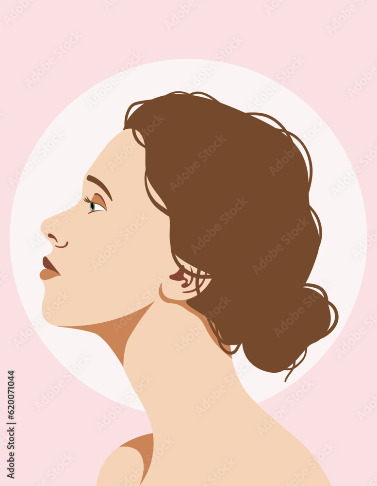 Vector woman portrait, female face profile illustration, hair in a bun, natural beauty, pastel