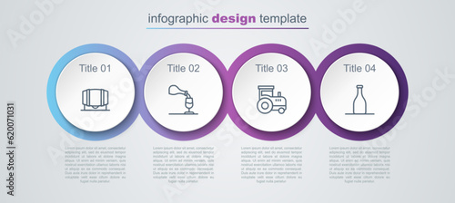 Set line Wooden barrel for wine, Wine tasting, degustation, Tractor and Bottle of. Business infographic template. Vector