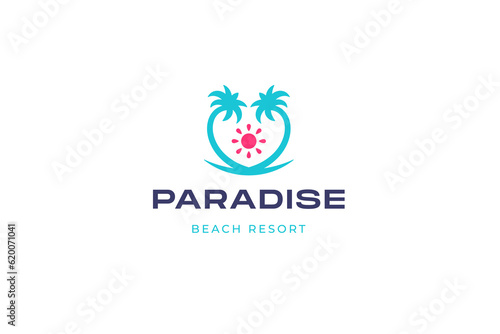 Paradise beach resort island palm tree sun summer travel vacation agency logo design template vector