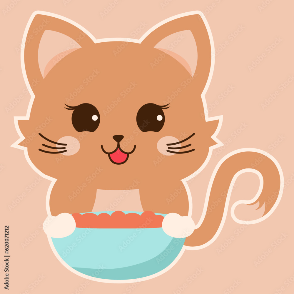 Cat with a full bowl of food sticker. Vector illustration Cat with a full bowl of food sticker. Vector illustration