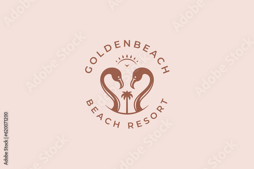 Honeymoon beach resort travel paradise vacation flamingo palm tree logo design template vector