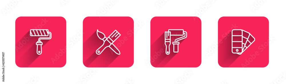 Set line Paint roller brush, and Color palette guide with long shadow. Red square button. Vector
