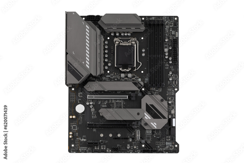 PC motherboard on a white background. Motherboard for personal computer closeup isolated on white background. PC motherboard on a white background. Motherboard for personal computer closeup isolated on white background.