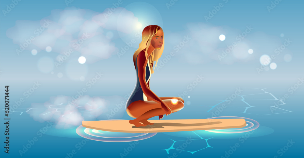Girl on a surfboard.Slim blonde on the sea among the clouds. Vector illustration
