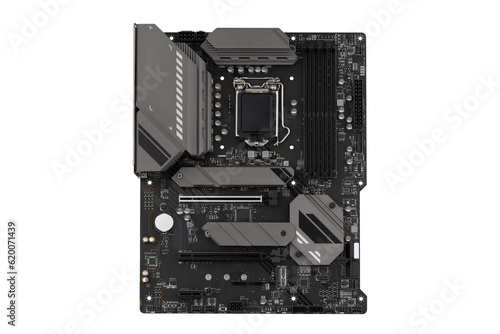 PC motherboard on a white background. Motherboard for personal computer closeup isolated on white background.