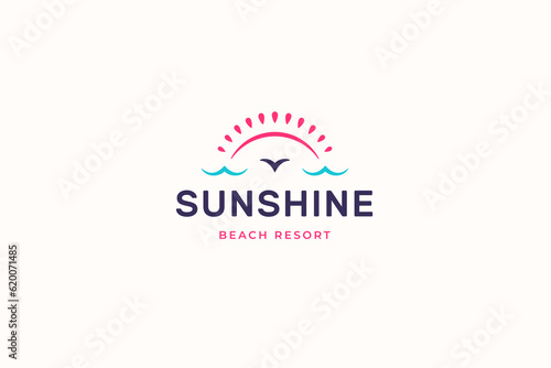 Paradise beach resort summer sun sea ocean island minimal logo design template vector